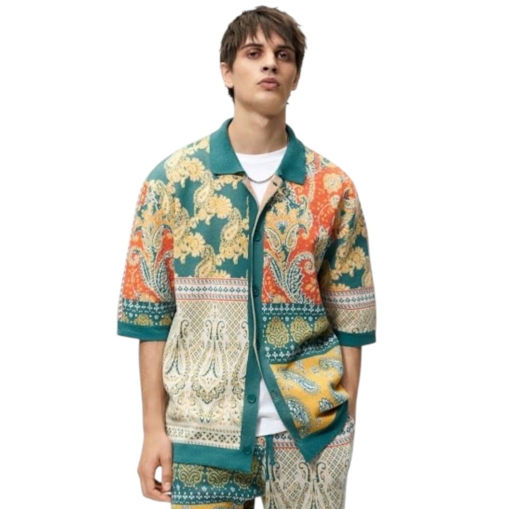 Zara Bohemian Patchwork Paisley Jacquard Knit Button Up Shirt Men's Size Medium